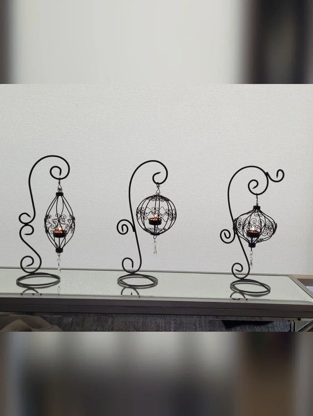 Vintage Tabletop Tealight Candle Lanterns with S Scrolling Design. Wrought Iron